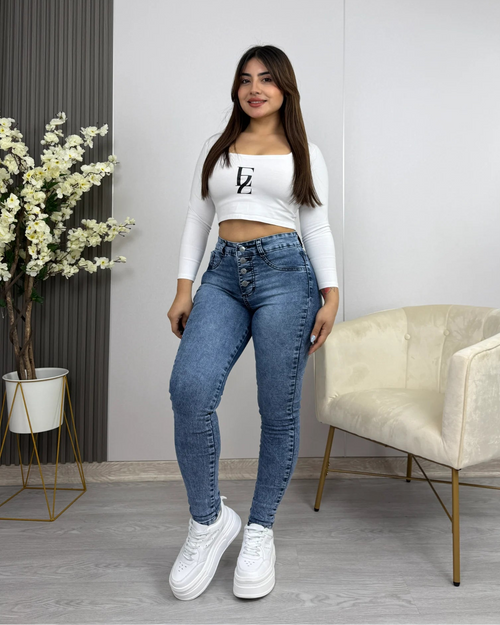 EZ2543 | Skinny Nacional Celeste Jaspeado 4 Botones Ultra Push Up | EZ