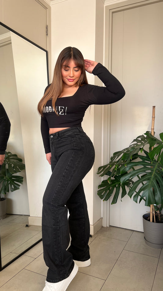 Jeans Wide Leg Negro Brillos | Modelo MB018-1 | Menina