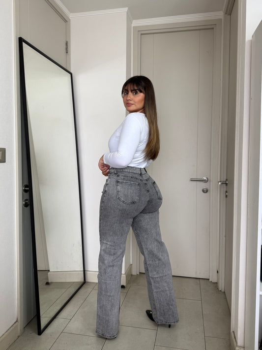 MB038 (L5) | Jeans Wide Leg Brillos Lados Gris | Menina