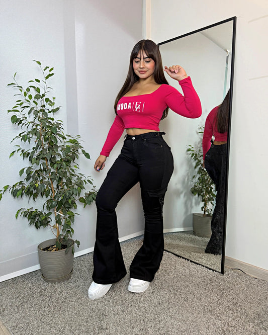 MB2079-3 (C5) | Flare Cargo Negro Ajuste en La Cintura Bolsillo Trasero Con Tapa | Menina