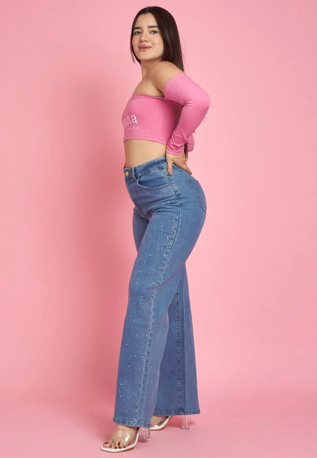 Jeans Wide Leg Azul Claro Brillos | Modelo MB413 | Menina