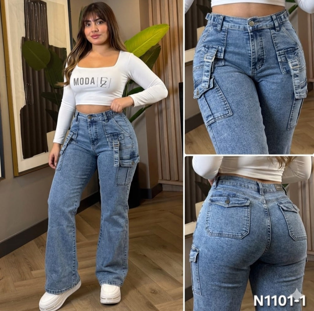 N1101-1 (N5) | Cargo Celeste Ajuste En Cintura Bolsillo Tapa | Menina