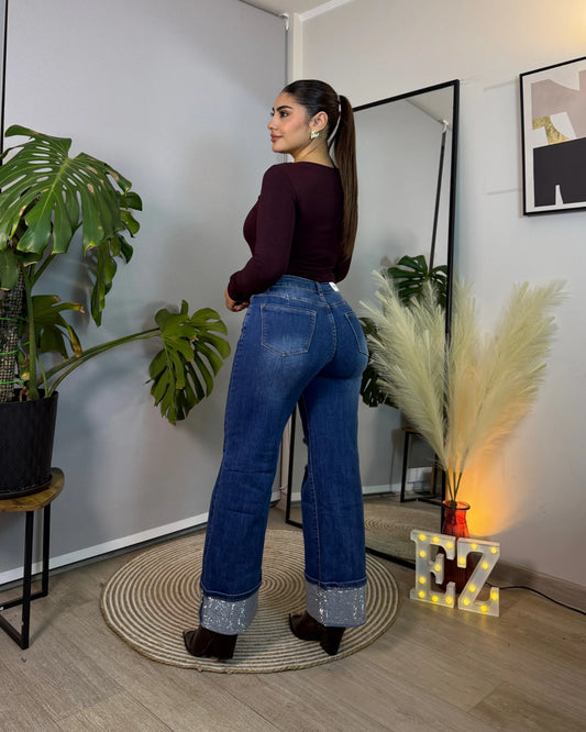 MB7006 | Wide Leg Rasgado Azul Brillo Tobillo | Menina