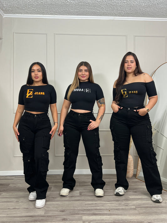Jeans Cargo Premium Negro Con Broches | Modelo EZ1127 | EZ Jeans