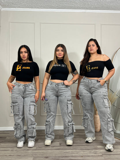 Jeans Cargo Premium Gris Con Tiras | Modelo EZ1140 | EZ Jeans