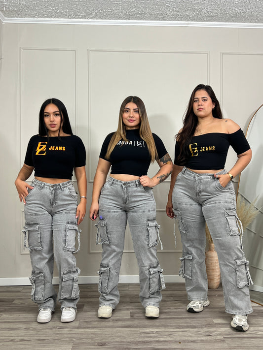 Jeans Cargo Premium Gris Con Tiras | Modelo EZ1140 | EZ Jeans
