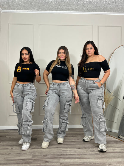 Jeans Cargo Premium Gris Con Tiras | Modelo EZ1140 | EZ Jeans