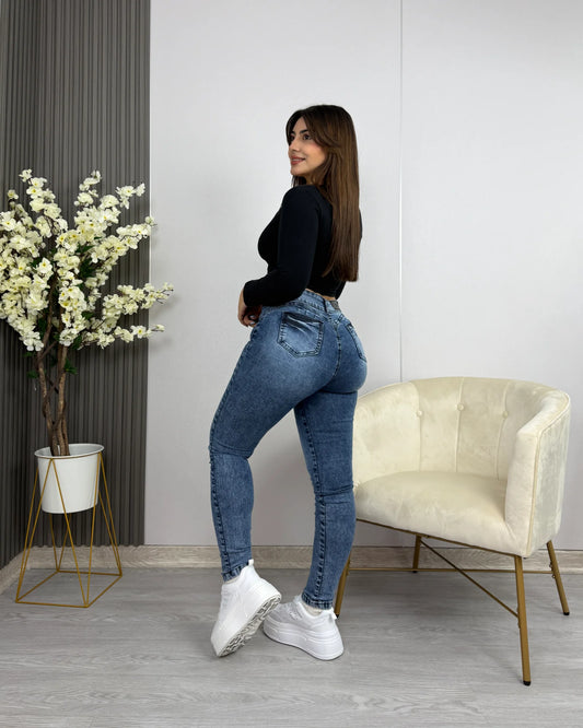 EZ2542 Skinny Nacional Celeste Jaspeado Ultra Push Up en modelo, vista de perfil y espalda
