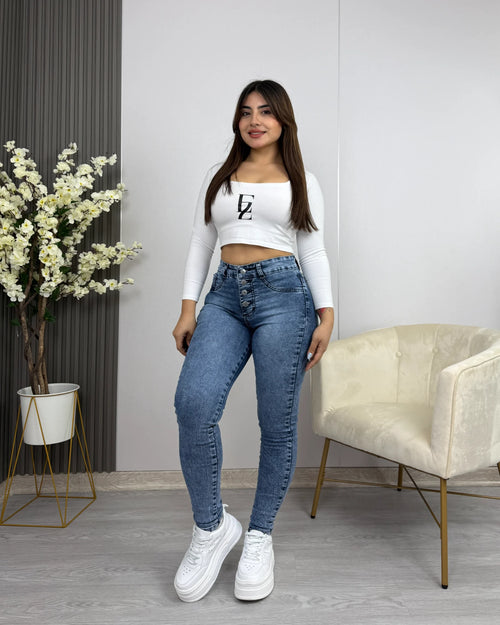 EZ2543 | Skinny Nacional Celeste Jaspeado 5 Botones Ultra Push Up | EZ
