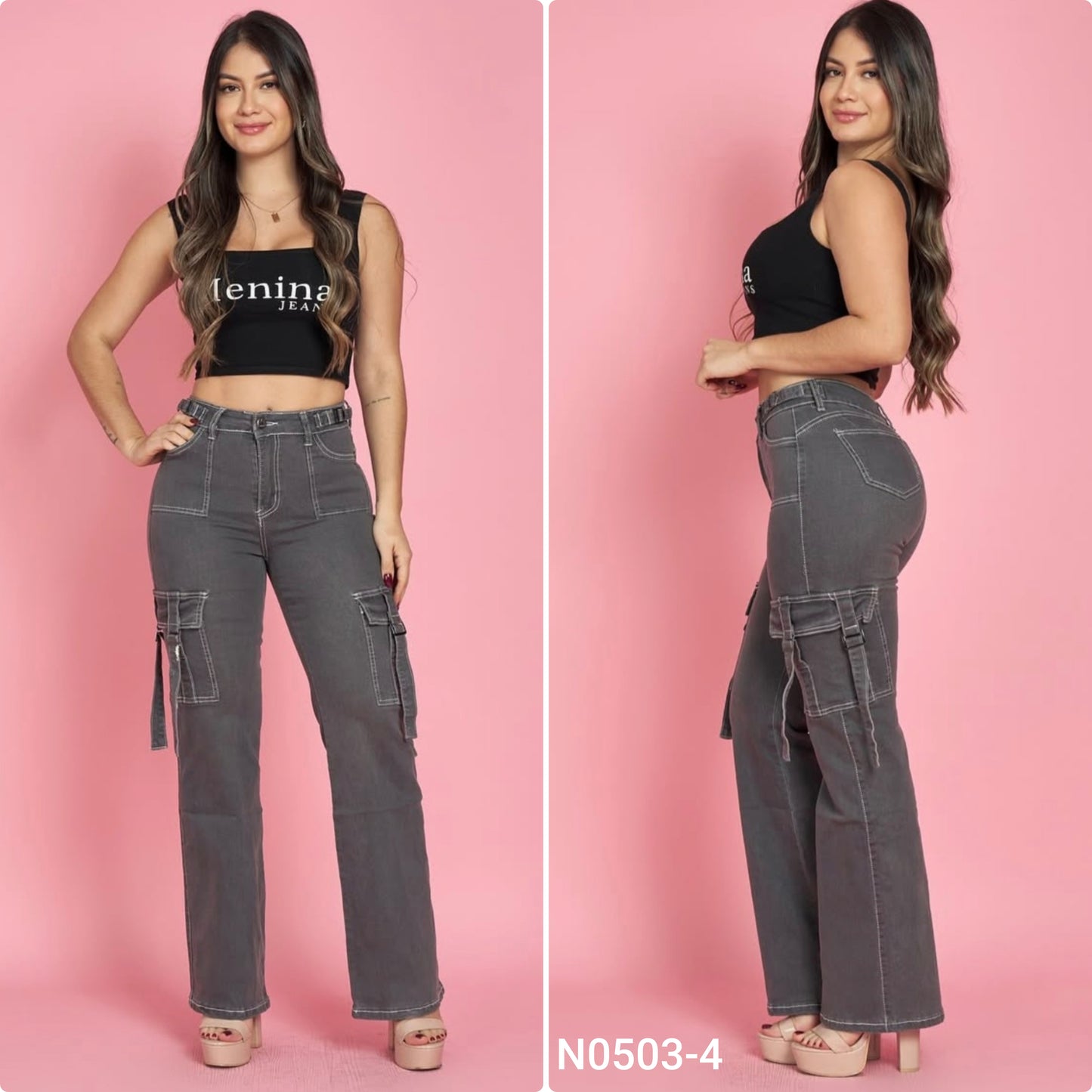 N0503-4 (U2) | Jeans Cargo Gris | Menina