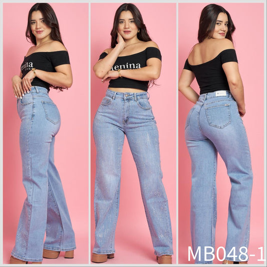 MB048-1 (P4)| Jeans Wide Leg Brillos Celeste | Menina