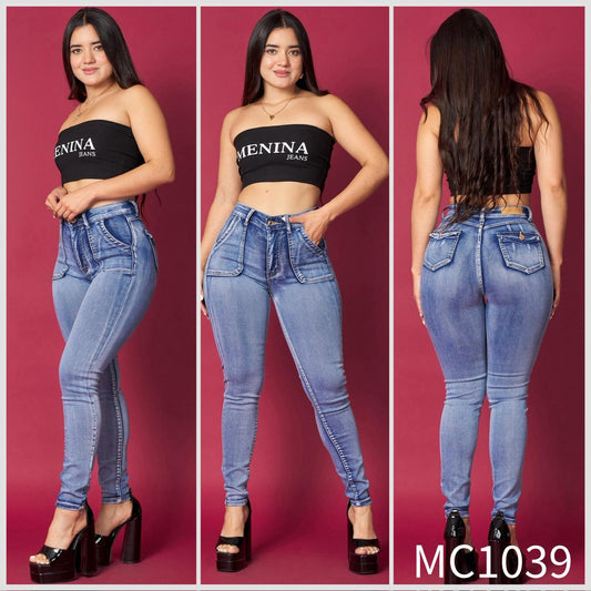 MC1039 (C6) | Skinny Celeste Focalizado Tapa Bolsillo Trasero | Menina