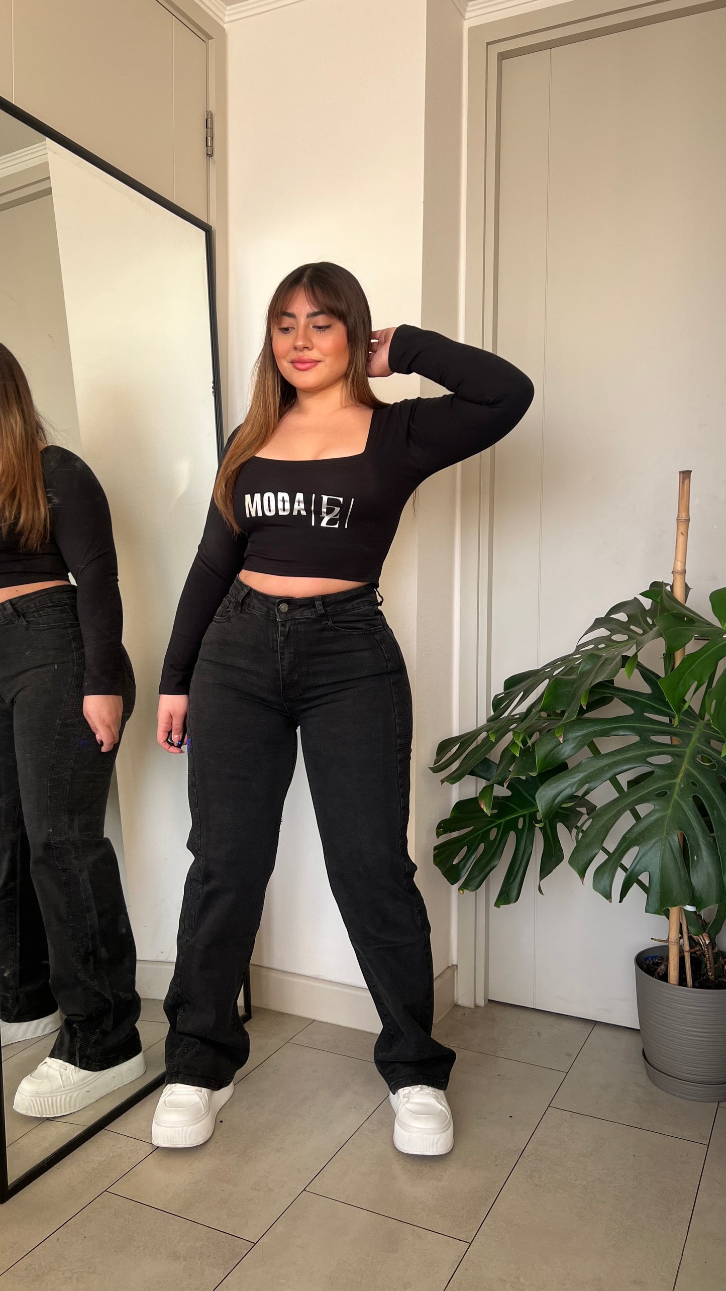 Jeans Wide Leg Negro Brillos | Modelo MB018-1 | Menina
