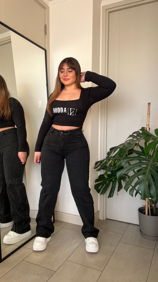 Jeans Wide Leg Negro Brillos | Modelo MB018-1 | Menina