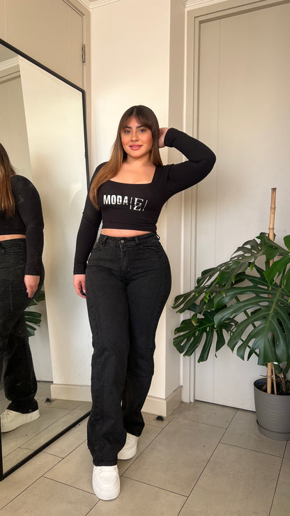 Jeans Wide Leg Negro Brillos | Modelo MB018-1 | Menina
