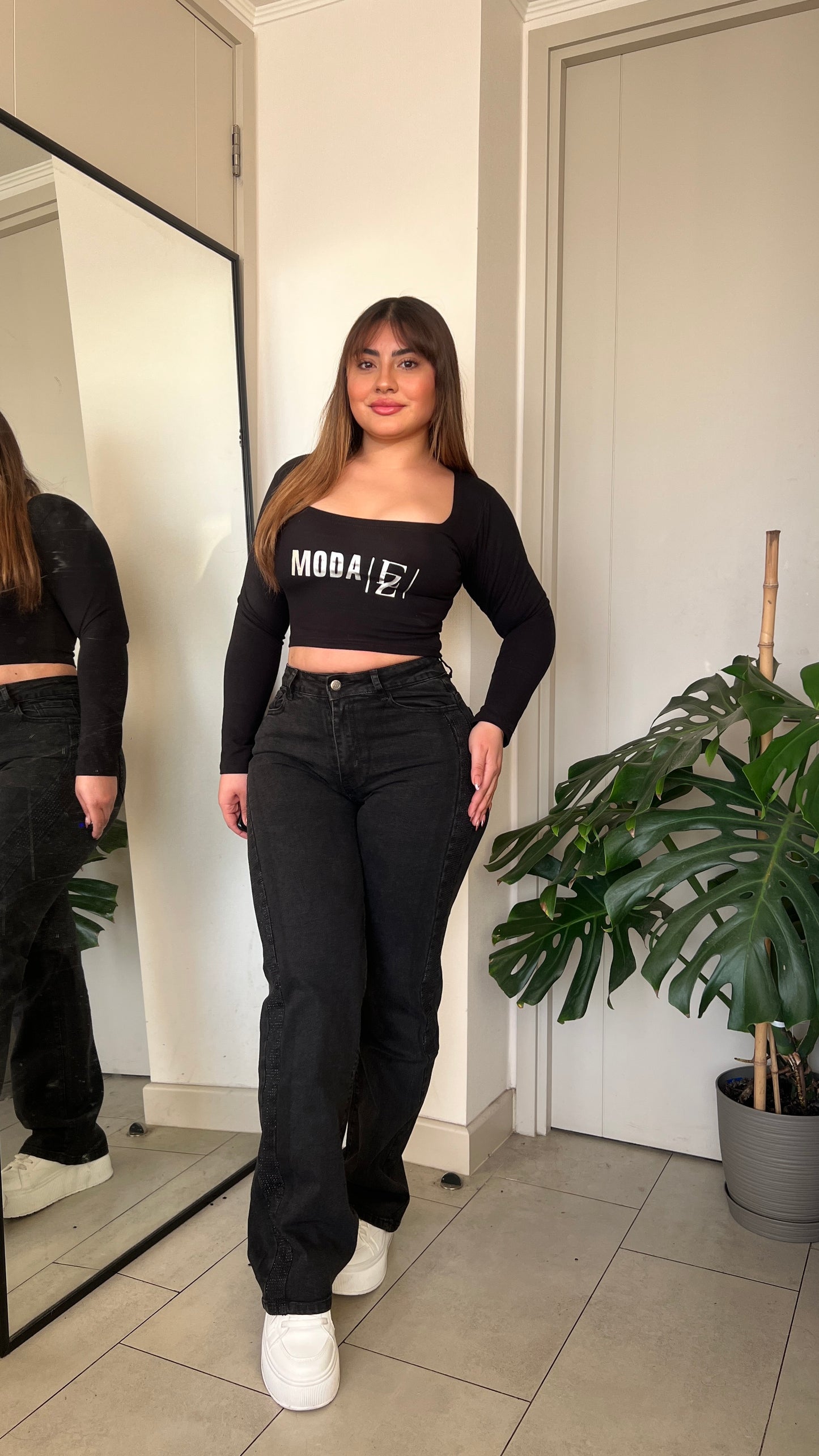 Jeans Wide Leg Negro Brillos | Modelo MB018-1 | Menina