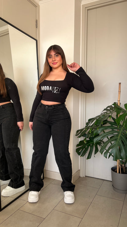 Jeans Wide Leg Negro Brillos | Modelo MB018-1 | Menina
