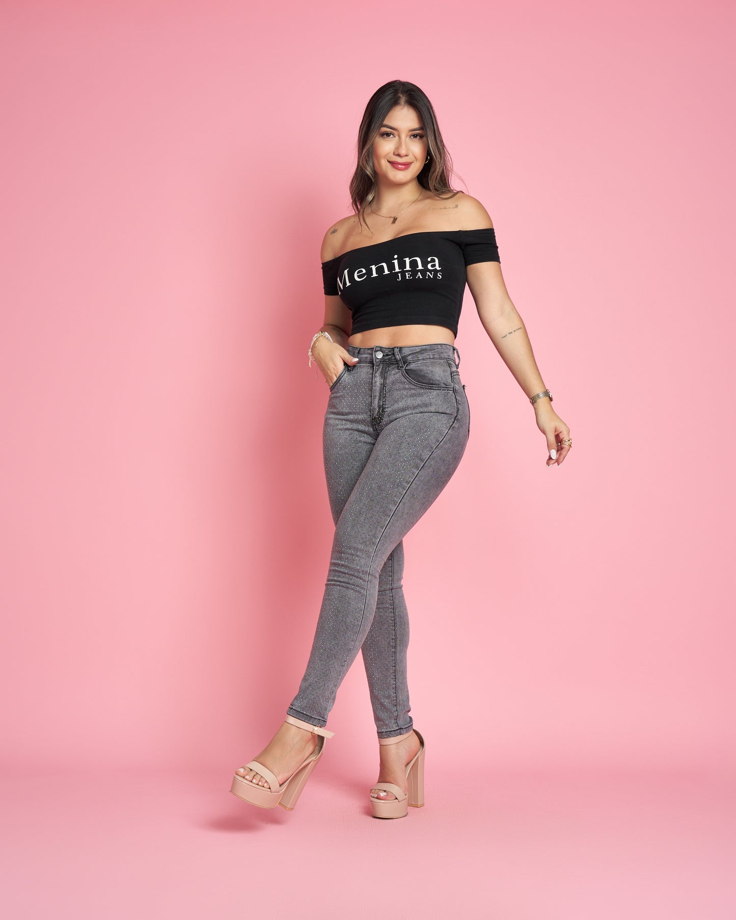 Modelo MB019-1 (G5) | Jeans Skinny Gris Brillos |Menina