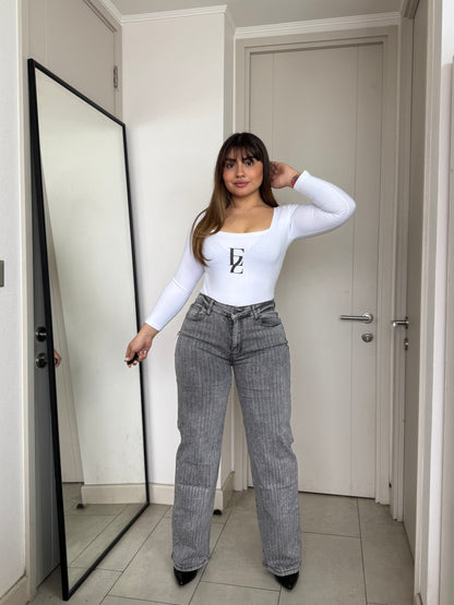 MB038 (L5) | Jeans Wide Leg Brillos Lados Gris | Menina