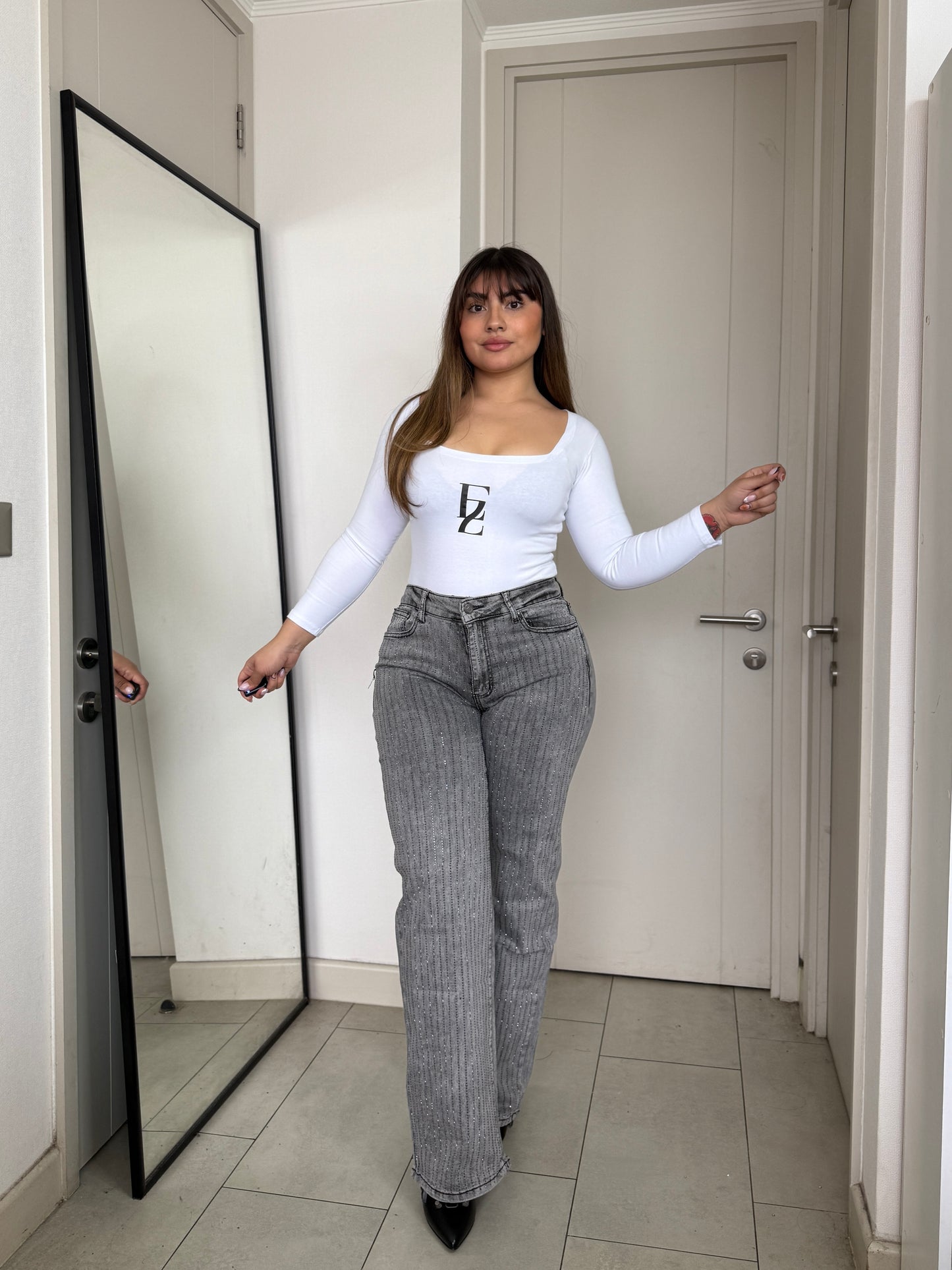 MB038 (L5) | Jeans Wide Leg Brillos Lados Gris | Menina