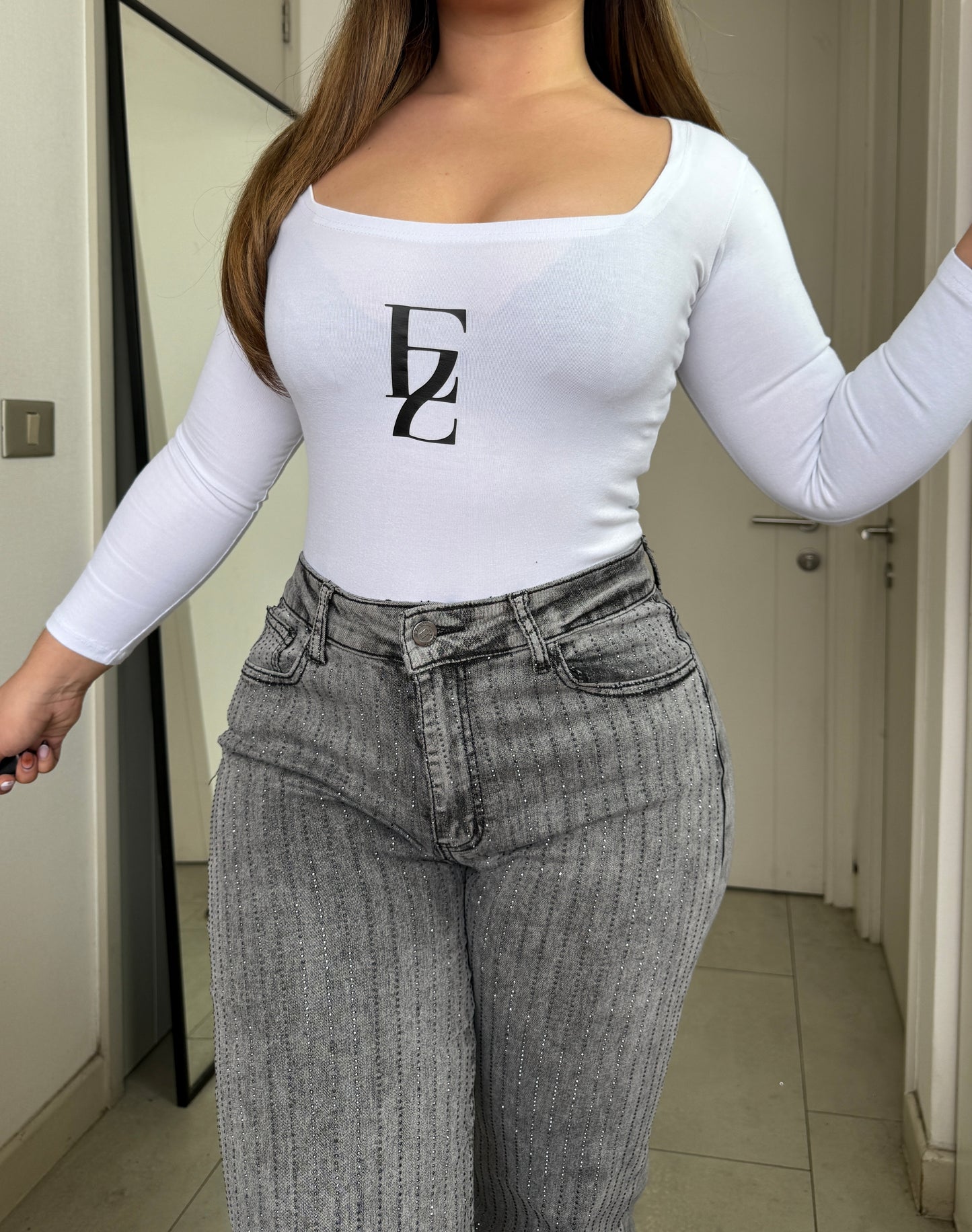 MB038 (L5) | Jeans Wide Leg Brillos Lados Gris | Menina