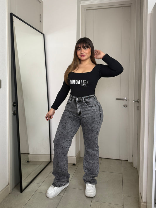 MB049-1  | Jeans Wide Leg Brillos Gris | Menina