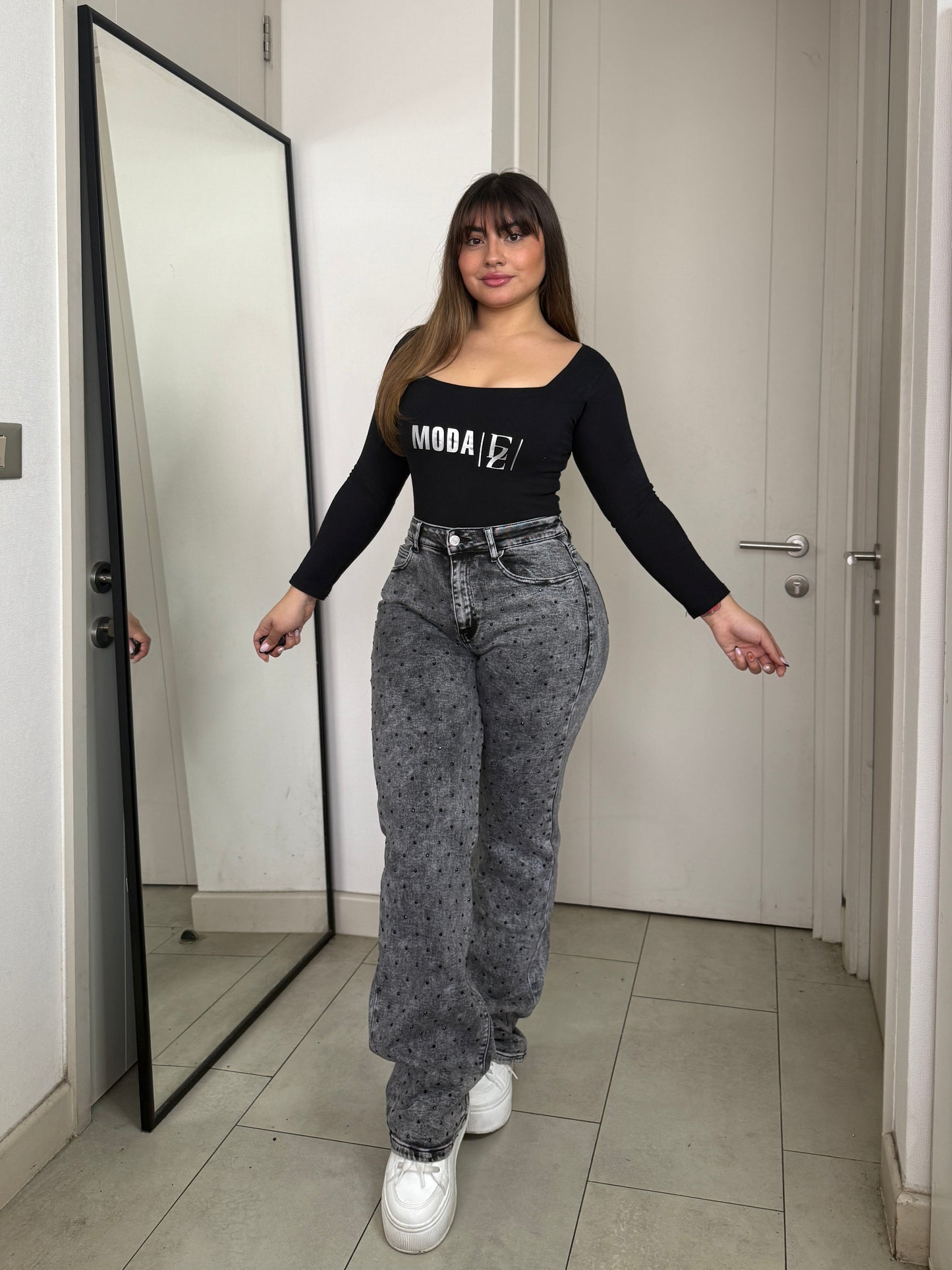 MB049-1  | Jeans Wide Leg Brillos Gris | Menina