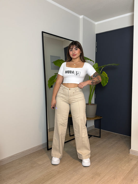 MB2001-1 (Q1) |Wide Leg Beige Lineal Bolsillos Cuadrados | Menina