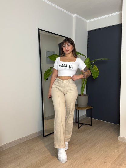 MB2001-1 (Q1) |Wide Leg Beige Lineal Bolsillos Cuadrados | Menina