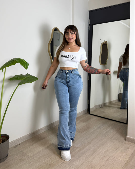 MB2005-1 (S5) | Flare Celeste Ajuste CIntura Bolsillo Tapa | Menina