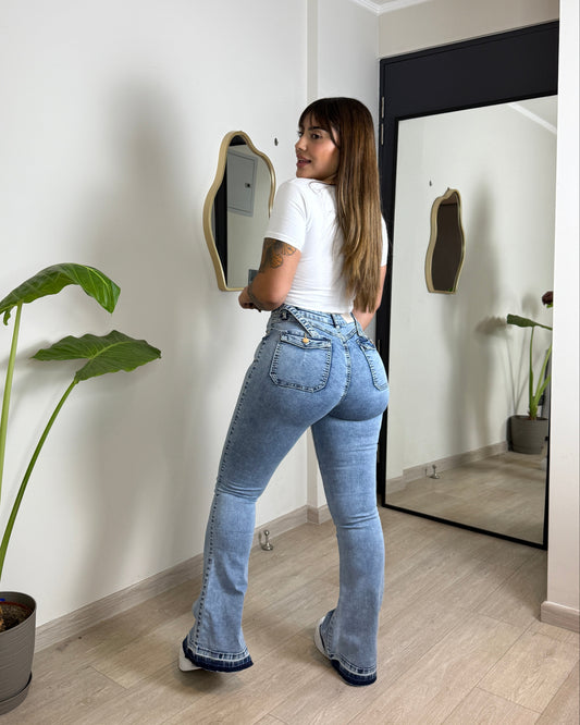 MB2005-1 (S5) | Flare Celeste Ajuste CIntura Bolsillo Tapa | Menina