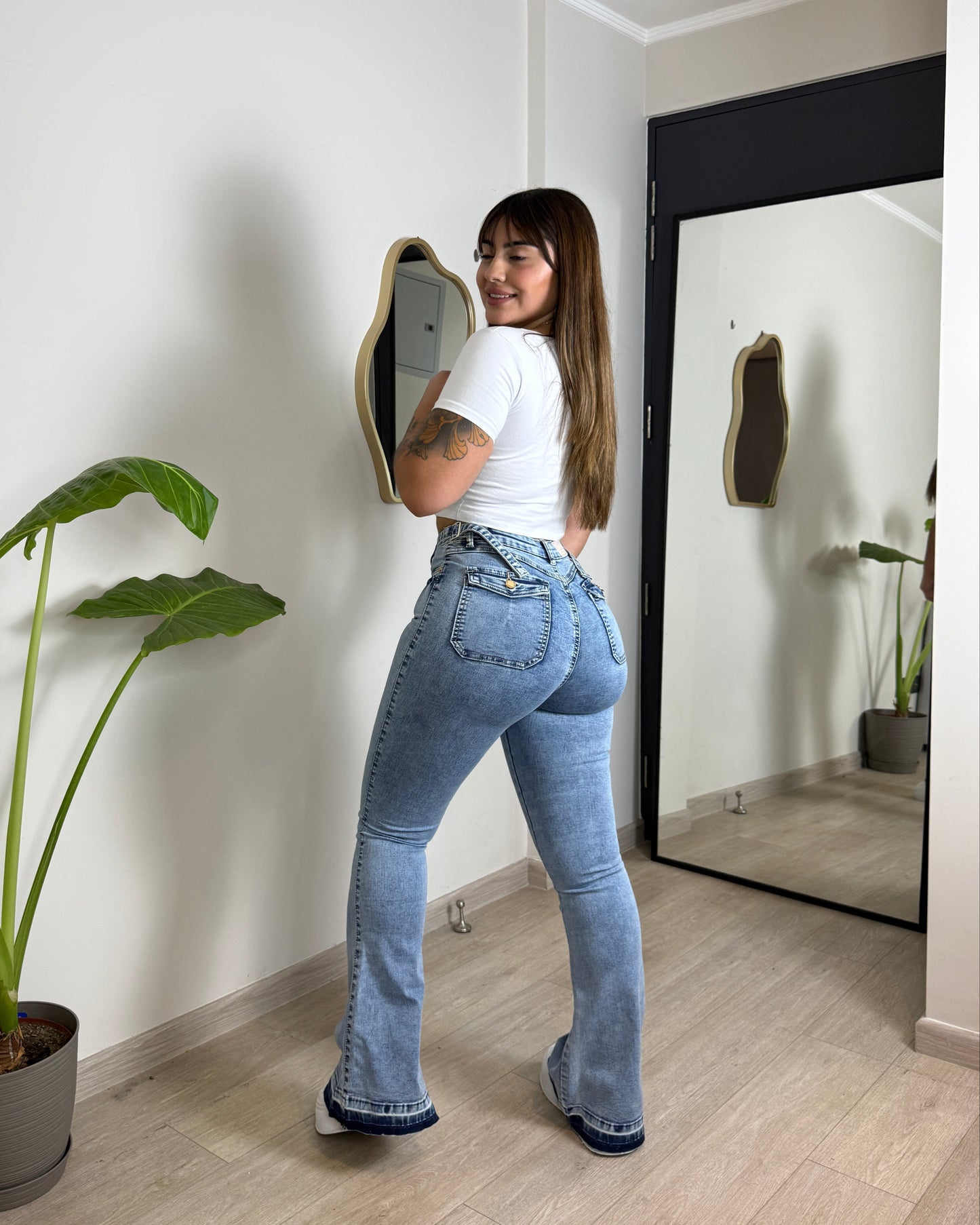 MB2005-1 (S5) | Flare Celeste Ajuste CIntura Bolsillo Tapa | Menina