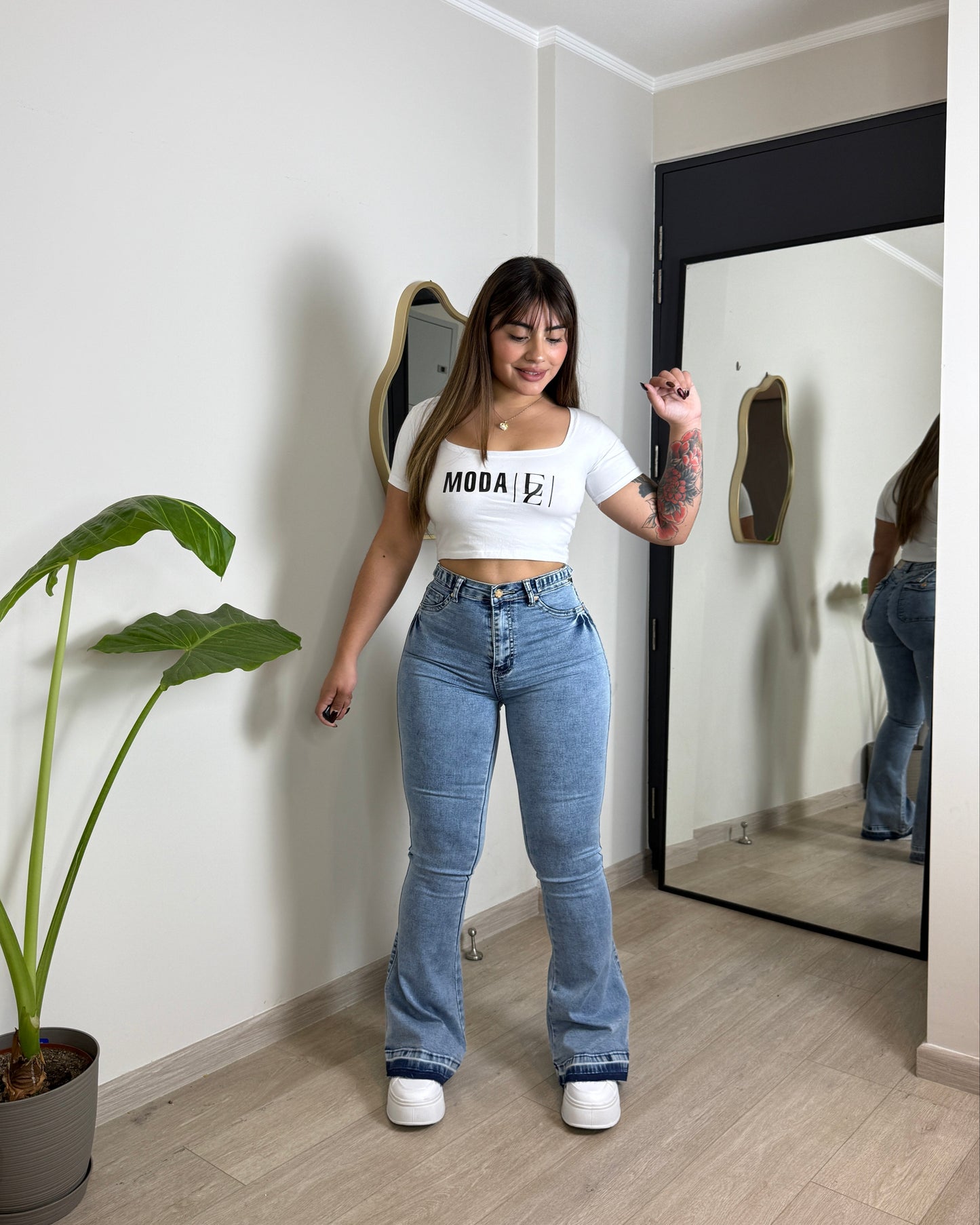 MB2005-1 (S5) | Flare Celeste Ajuste CIntura Bolsillo Tapa | Menina