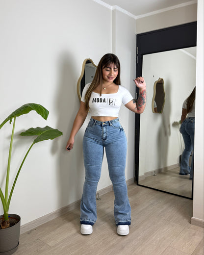 MB2005-1 (S5) | Flare Celeste Ajuste CIntura Bolsillo Tapa | Menina