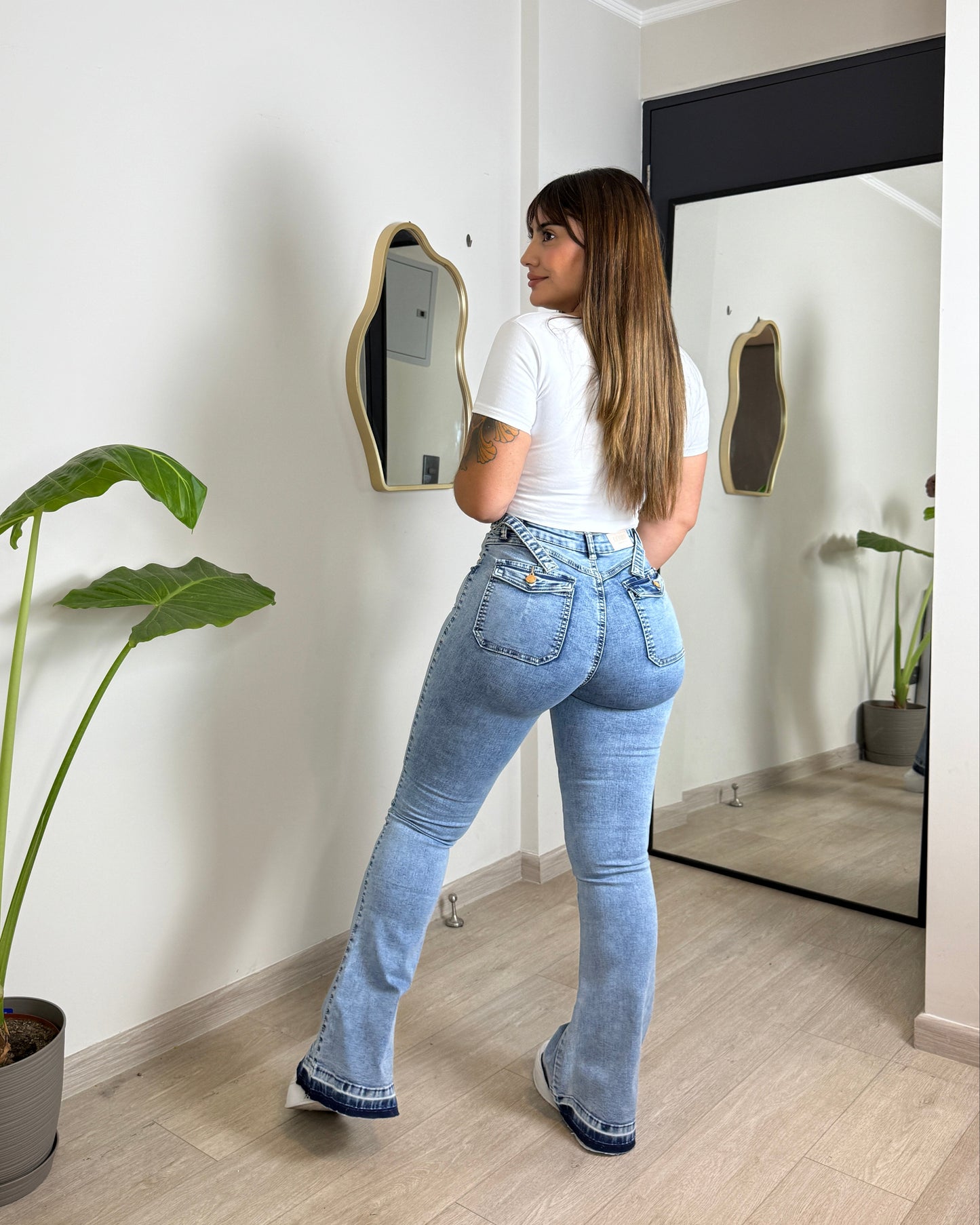 MB2005-1 (S5) | Flare Celeste Ajuste CIntura Bolsillo Tapa | Menina