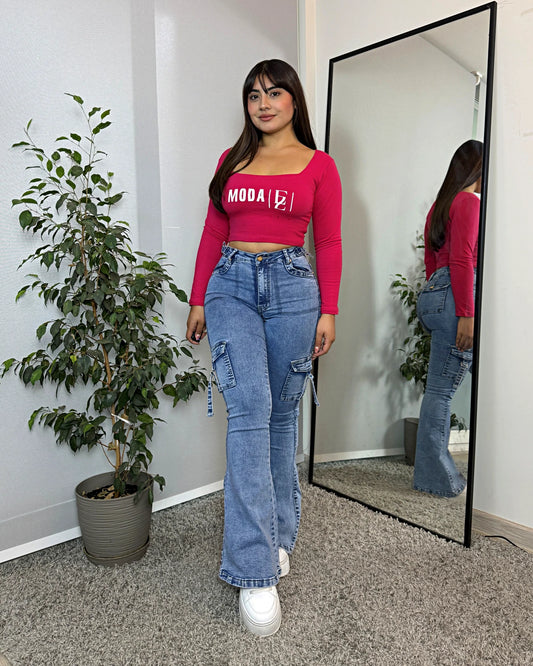 MB2079-1 (M4) | Flare Cargo Bolsillos Cuadrados Celeste | Menina