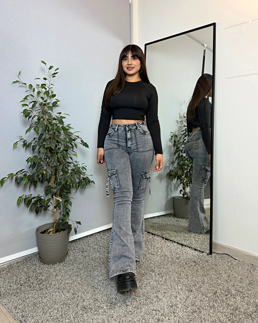 MB2079-2 (C3) | Flare Gris Cargo Bolsillo Trasero Con Tapa Carla | Menina