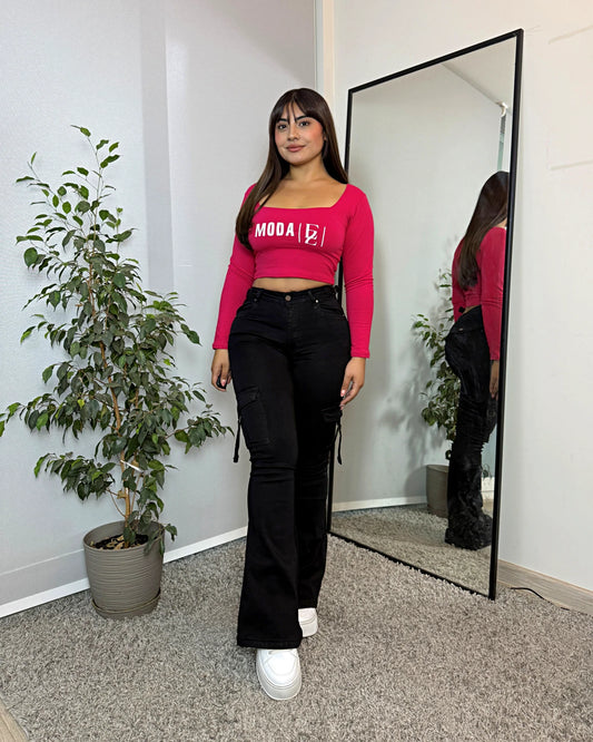 MB2079-3 (C5) | Flare Cargo Negro Ajuste en La Cintura Bolsillo Trasero Con Tapa | Menina