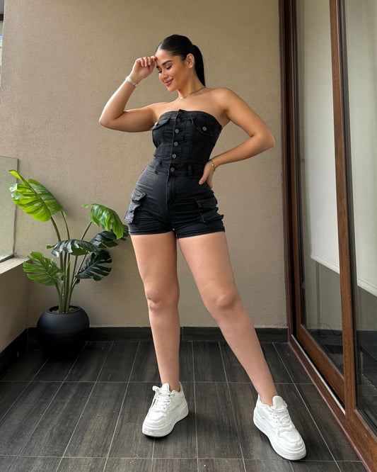 MB426-3 (L7) | Enterizo Short Cargo Grafito | Menina