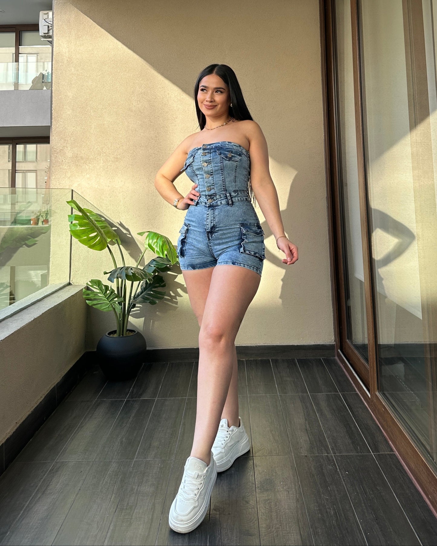 MB426 (K6) |  Enterizo Short Cargo Azul Claro Jaspeado | Menina
