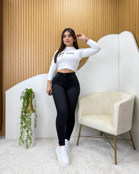 Jeans skinny negro focalizado de tiro alto para mujer
