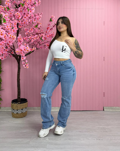 Jeans wide leg celeste destroyer, vista trasera