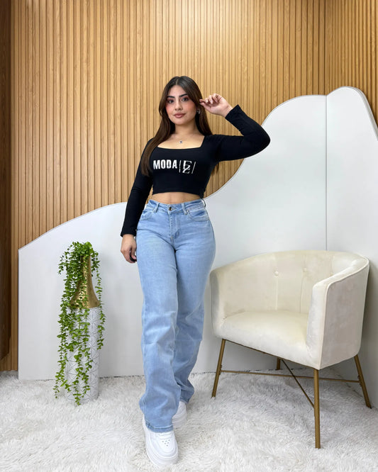 Jeans wide leg celeste de tiro alto para mujer
