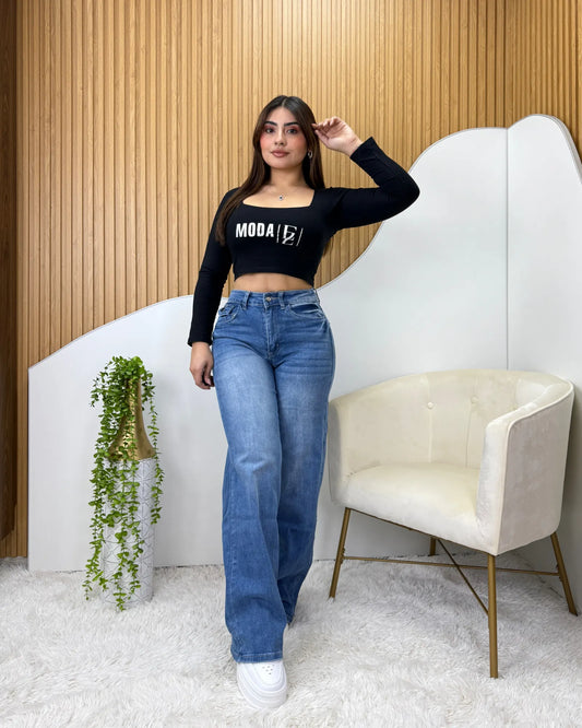 Jeans wide leg azul focalizado con bolsillo con tapa para mujer