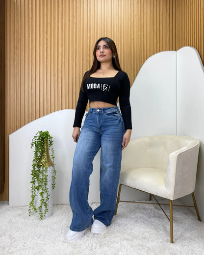 Jeans wide leg azul focalizado, vista trasera