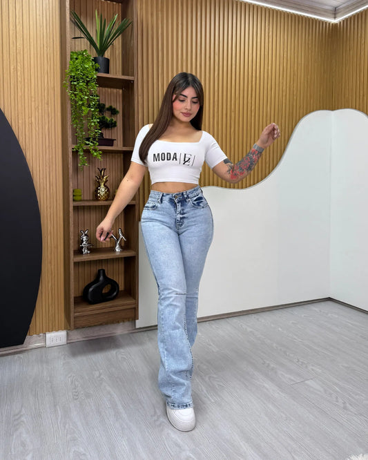 Jeans flare celeste de tiro alto para mujer