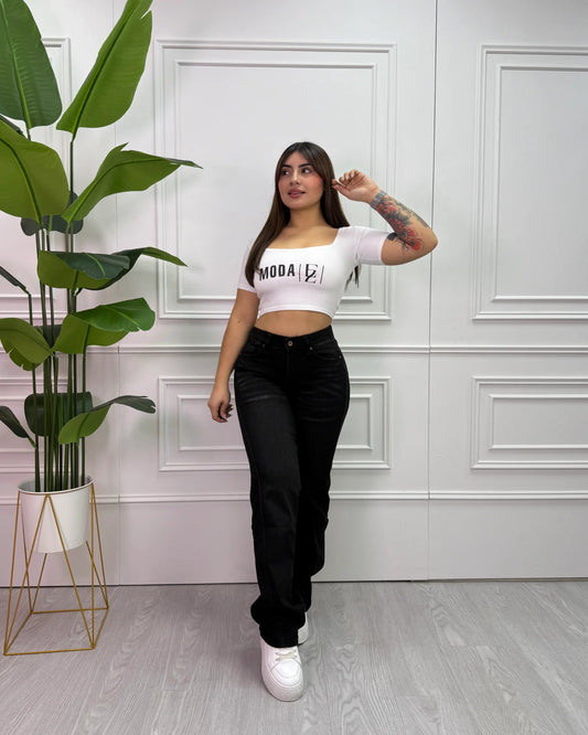 Jeans wide leg negro focalizado de tiro alto para mujer
