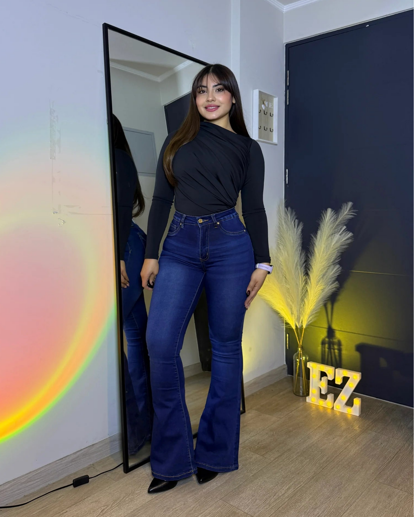 MC5008-1 | Flare Con Faja Bolsillo Con Tapa Azul Focalizado (ARRIBA) | Compra 1 Talla Más