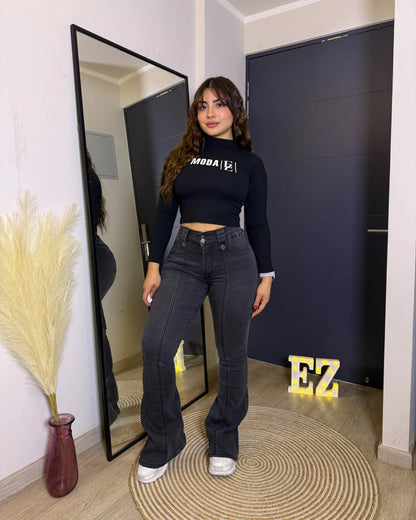 Jeans flare grafito lineal con faja interna para mujer