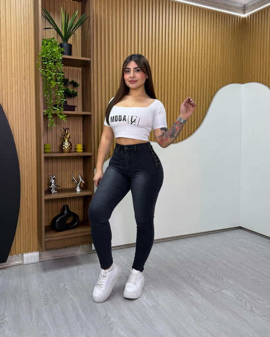 Jeans skinny grafito focalizado con trenzado en la cintura para mujer